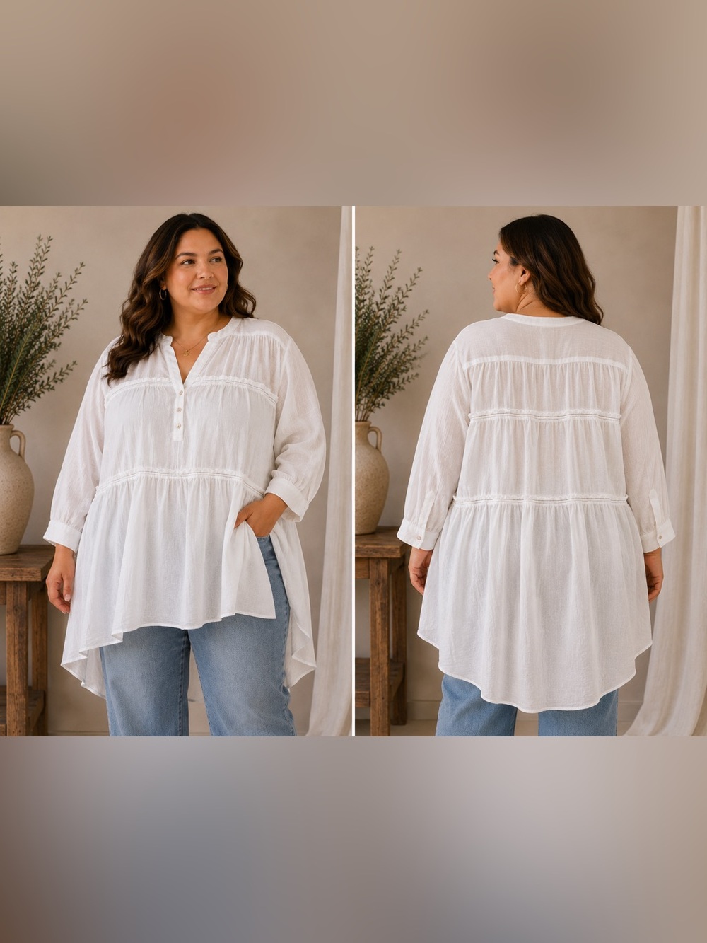 Relaxed White Gauze Tunic with Button Henley